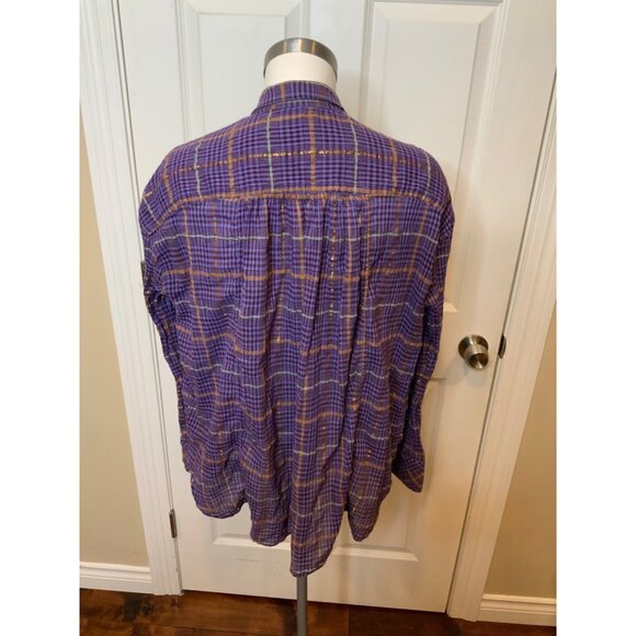 Free People Purple Shimmering Plaid Button Up Shirt, Size XS - Picture 5 of 6